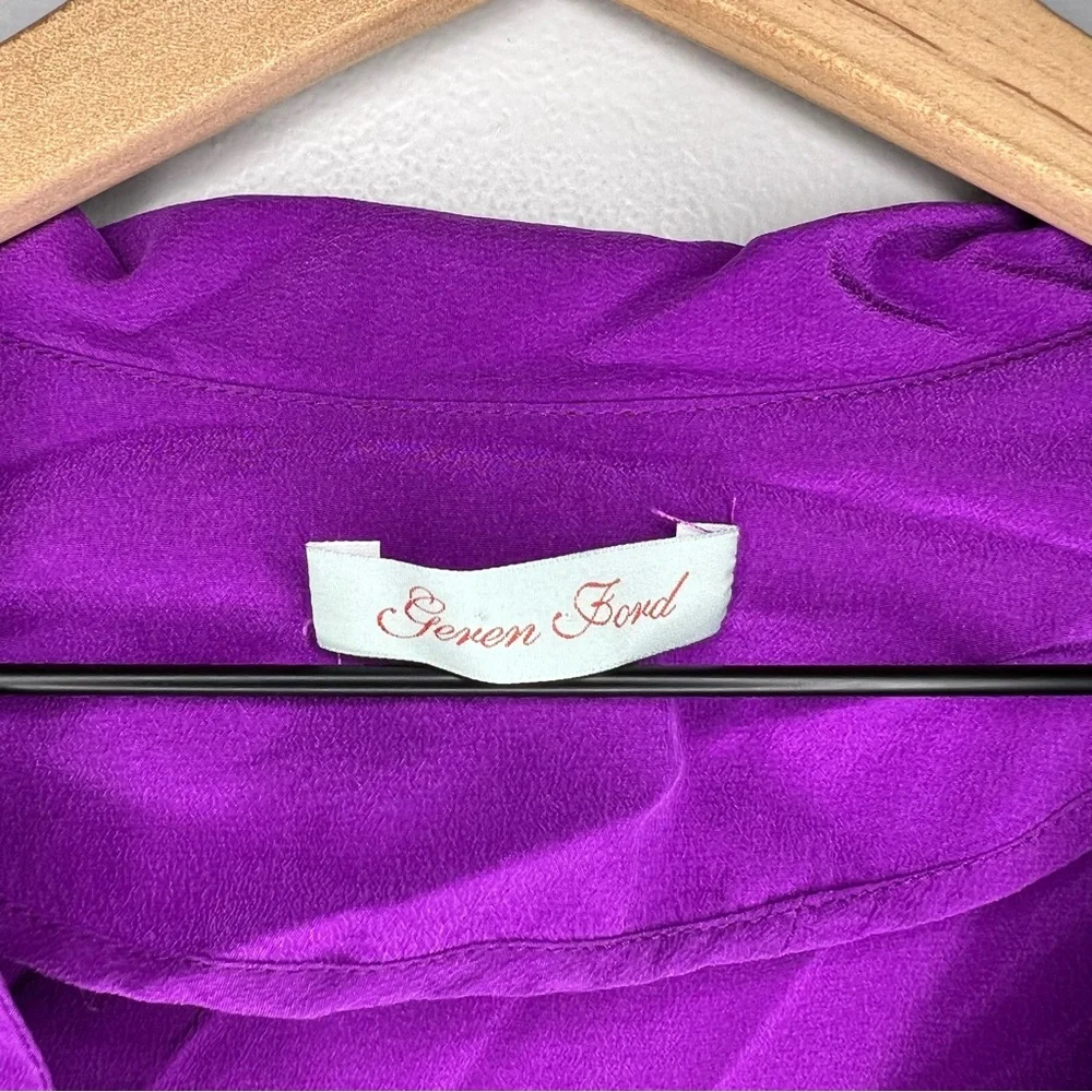 Geren Ford 100% Silk Short Sleeve V Neck Ruffle Dress in Purple L - Picture 3 of 7